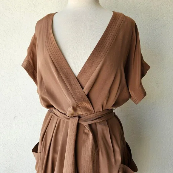 Maeve Anthropologie 100% Silk Warm Brown Faux Mock Wrap Dress Size 14 - Picture 2 of 11